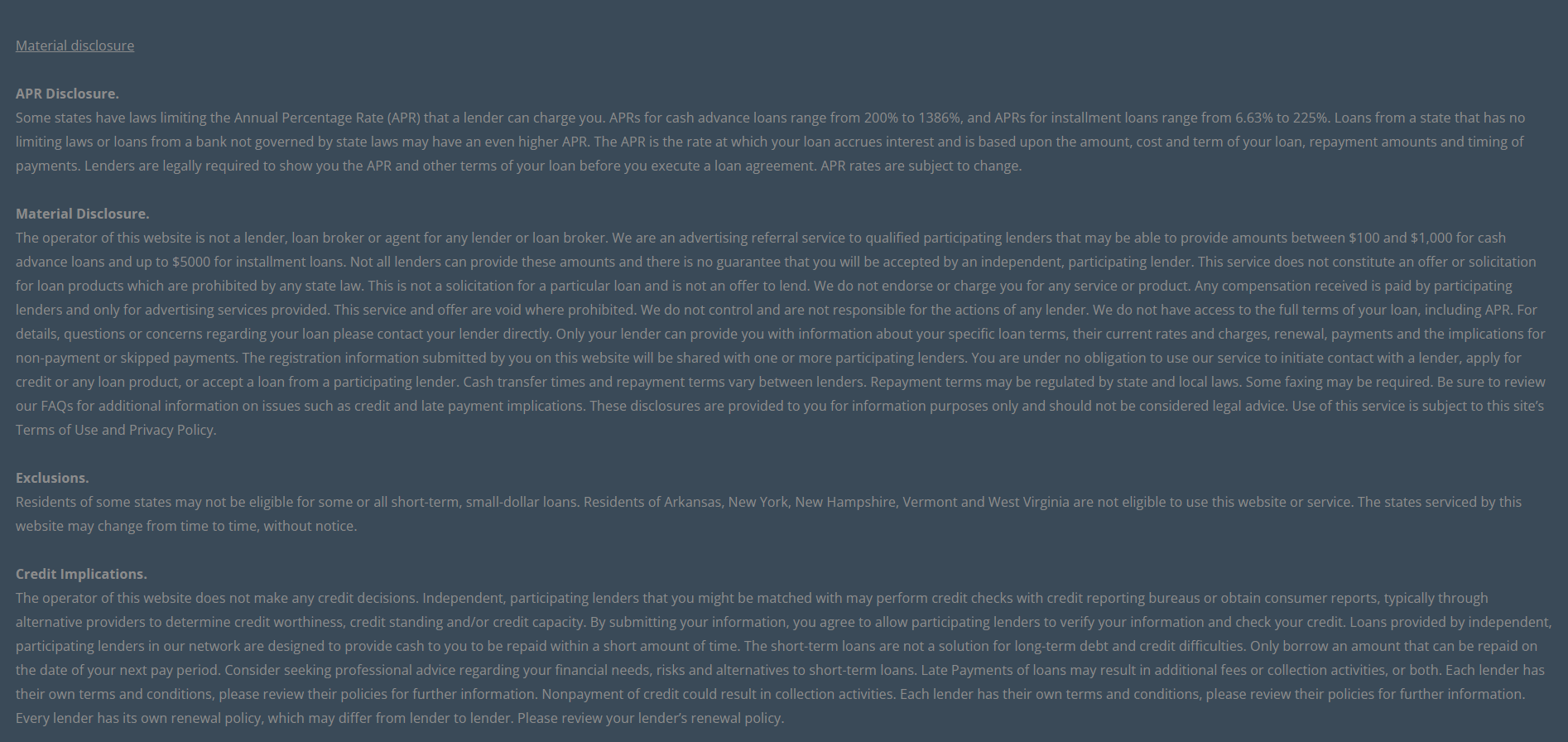 Material disclosure for payday loans in Henderson Nevada